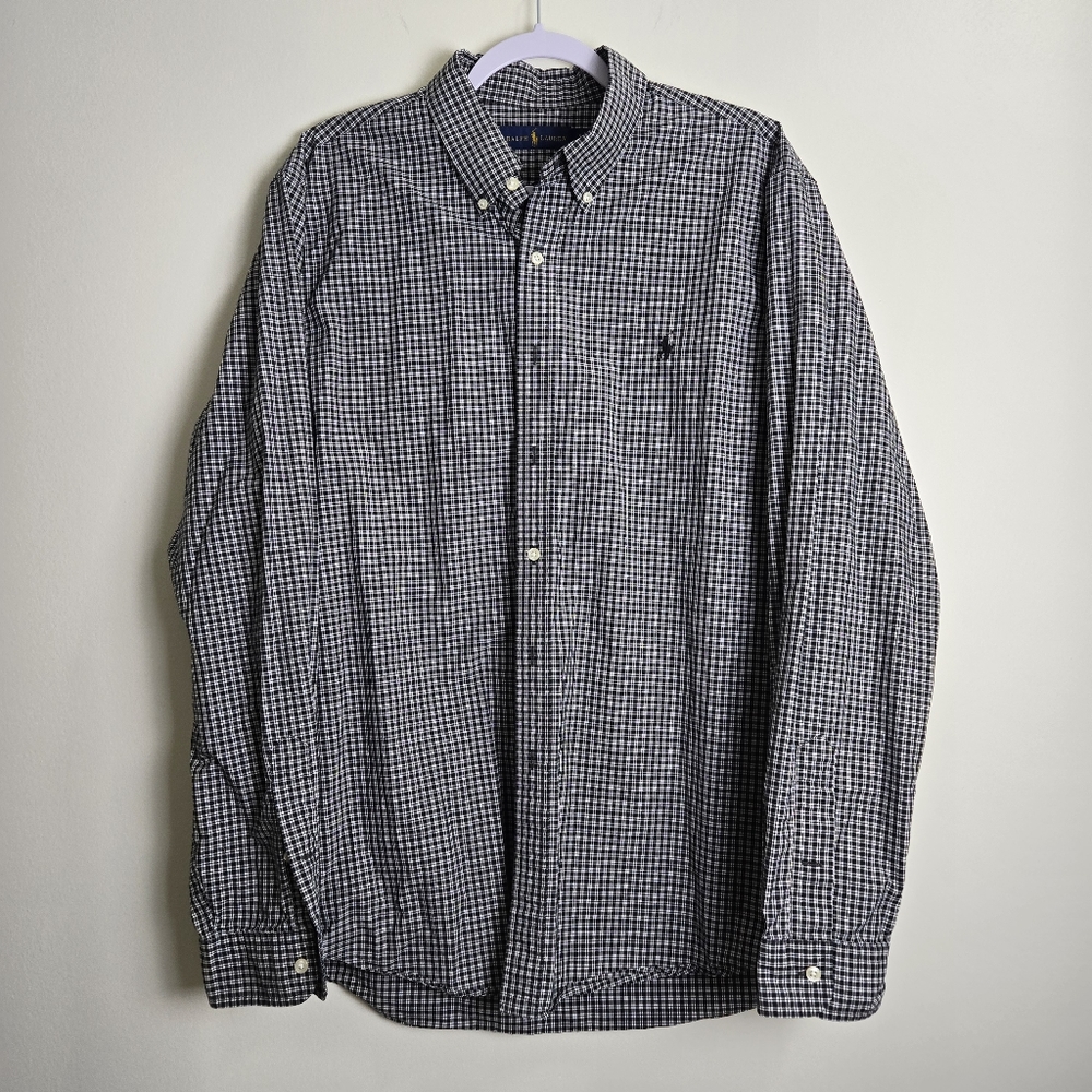 Ralph Lauren Mens Black White Classic Casual Plaid‎ Cotton Button-Down Shirt XL
